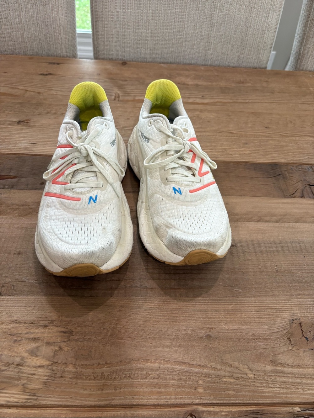 New Balance White Sneakers with Yellow Lining & Pink Accents